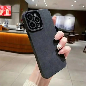 Korean Style Suede Phone Case with Cartoon and Plaid Designs in Multiple Colors - Drop-resistant korean style suede