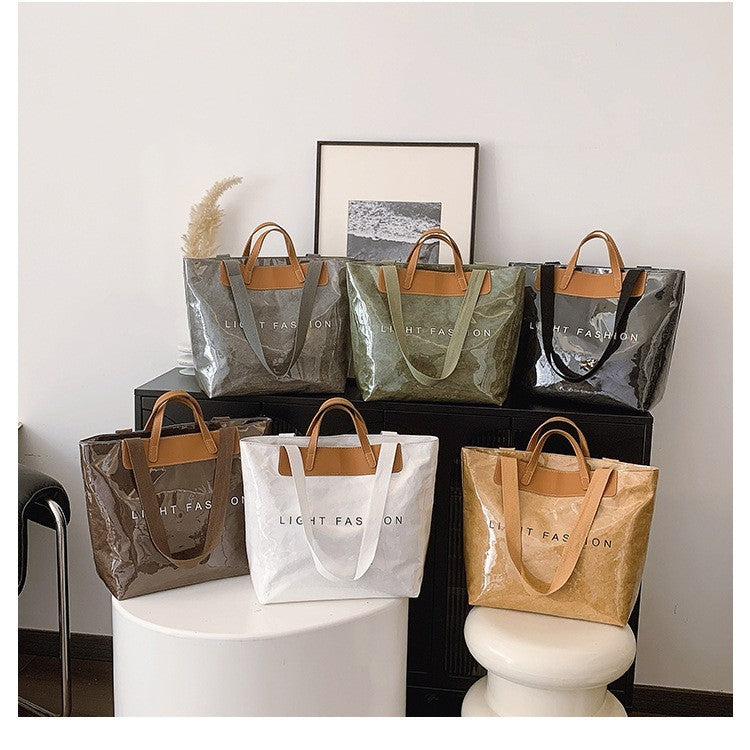 Kraft Paper Shoulder Bag Medium Square Tote in Neutral and Green Colors - Teleplus shoulder bag
