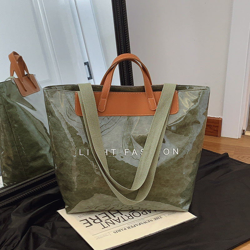 Kraft Paper Shoulder Bag Medium Square Tote in Neutral and Green Colors - Teleplus shoulder bag