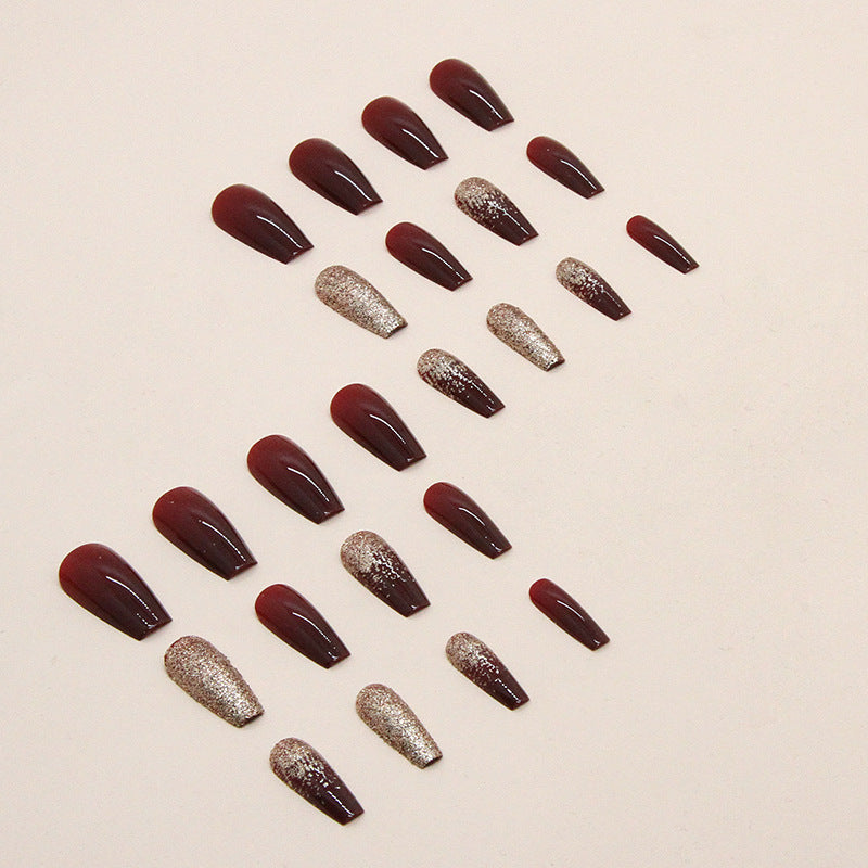 Ladies Cherry Red Nail Stickers with Glue for Bridal Manicure - gold powder wine red bridal manicure