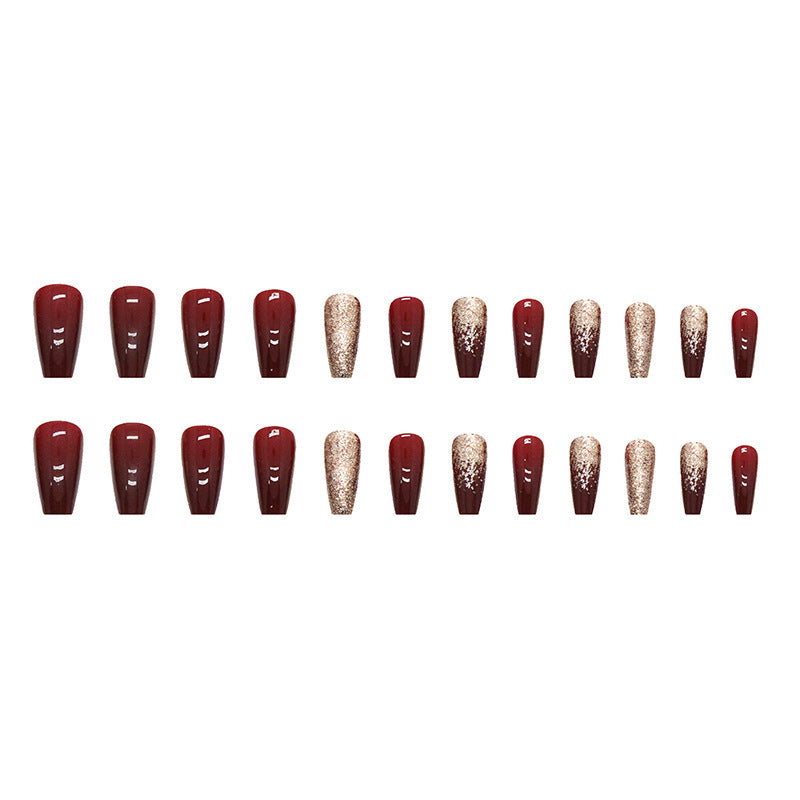 Ladies Cherry Red Nail Stickers with Glue for Bridal Manicure - gold powder wine red bridal manicure