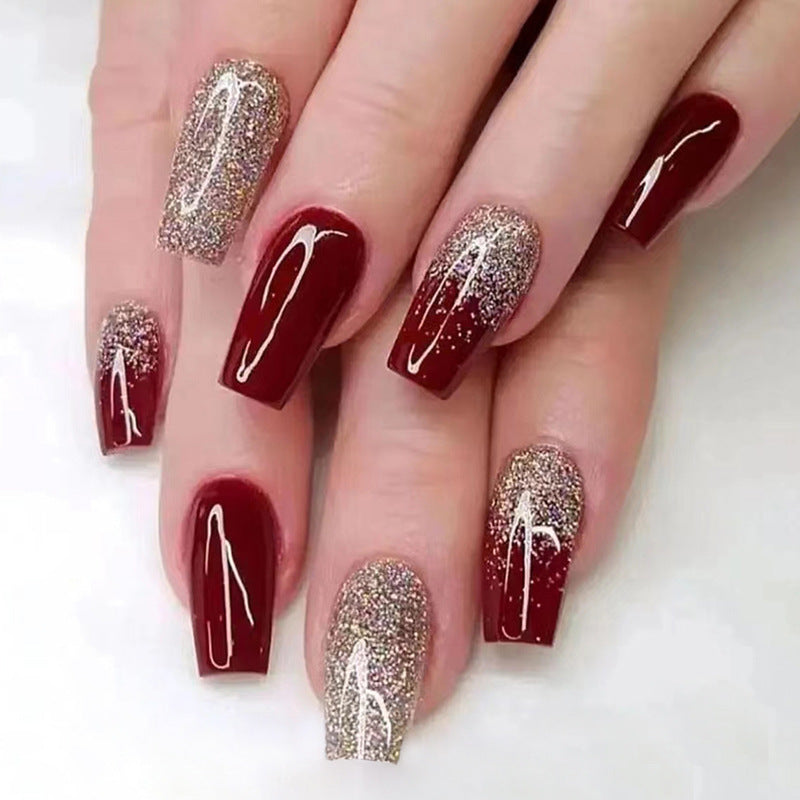 Ladies Cherry Red Nail Stickers with Glue for Bridal Manicure - gold powder wine red bridal manicure