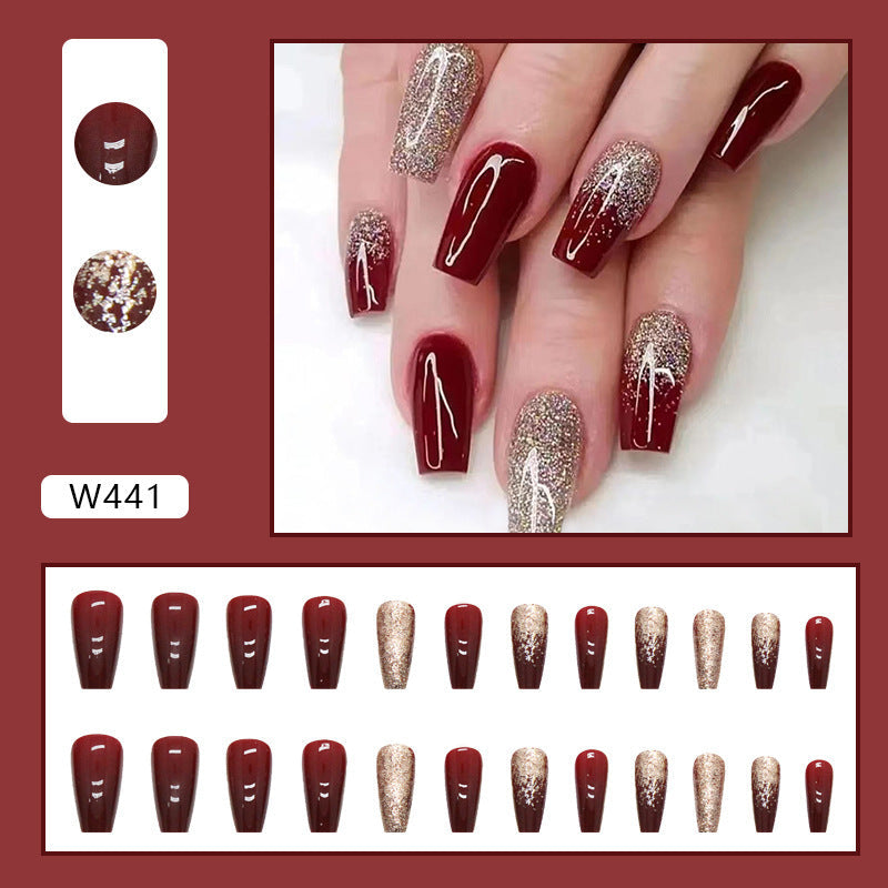 Ladies Cherry Red Nail Stickers with Glue for Bridal Manicure - gold powder wine red bridal manicure