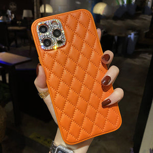 Ladies fashion leather back cover for iPhone with rhinestones and lens drill - Fashion Leather Lattice Phone Case Lens