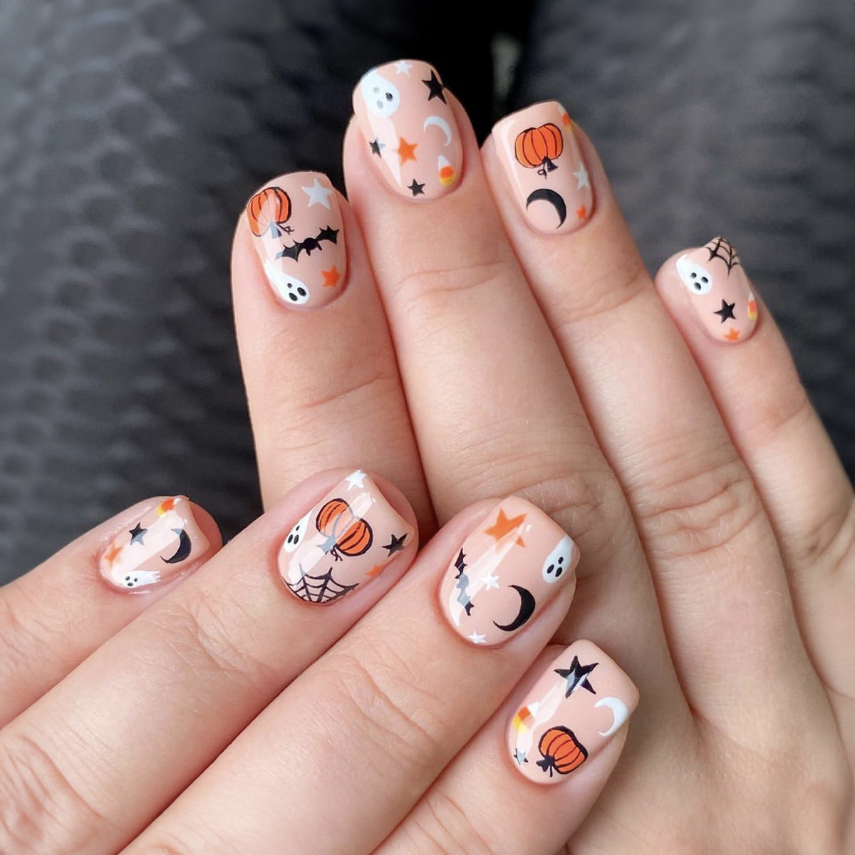 Ladies Halloween Nail Tips Set with Pumpkin Spider Ghost Designs - Tip halloween nail tip pumpkin spider ghost