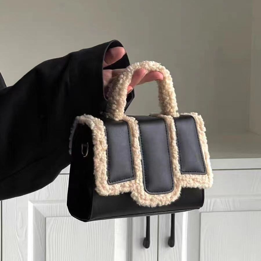 Lamb Wool Portable Crossbody Bag with PU Strap for Fashion and Storage - lamb wool portable fashion crossbody bag