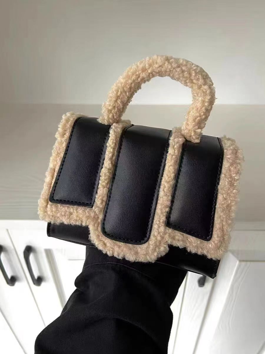 Lamb Wool Portable Crossbody Bag with PU Strap for Fashion and Storage - lamb wool portable fashion crossbody bag