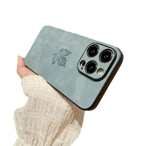 Lambskin Maple Leaf-Black Phone Case with Shockproof for Apple Devices - Teleplus Leaf lambskin maple leaf-dark leaf