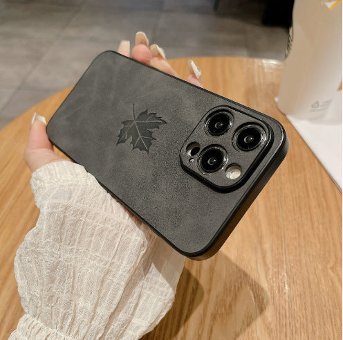 Lambskin Maple Leaf-Black Phone Case with Shockproof for Apple Devices - Teleplus Leaf lambskin maple leaf-dark leaf