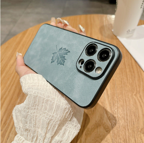 Lambskin Maple Leaf-Black Phone Case with Shockproof for Apple Devices - Teleplus Leaf lambskin maple leaf-dark leaf