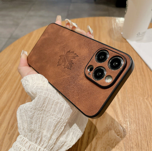 Lambskin Maple Leaf-Black Phone Case with Shockproof for Apple Devices - Teleplus Leaf lambskin maple leaf-dark leaf
