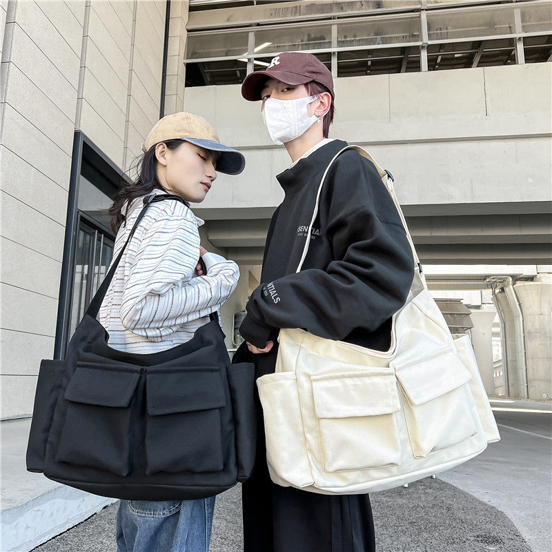 Large Capacity Canvas Shoulder Bag for Youth with Multiple Pockets - Teleplus youth shoulder bag ins large capacity