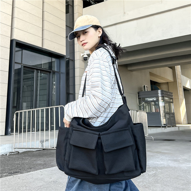 Large Capacity Canvas Shoulder Bag for Youth with Multiple Pockets - Teleplus youth shoulder bag ins large capacity