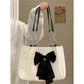 Large Capacity Canvas Shoulder Bag with Bow Tote Design - bow tote large capacity canvas shoulder bag