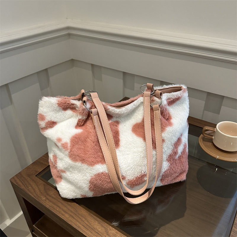 Large Capacity Fur Shoulder Tote Bag with Plush Lining and Double Handles - Teleplus large capacity fur shoulder tote