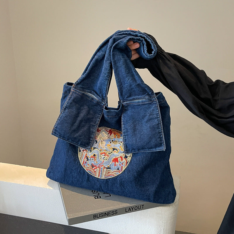 Large Capacity Handbag with Denim Retro Style and Vertical Square Design - shoulder bag large capacity handbag denim