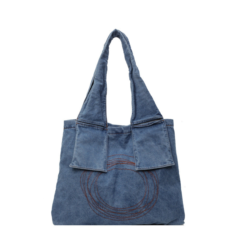 Large Capacity Handbag with Denim Retro Style and Vertical Square Design - shoulder bag large capacity handbag denim