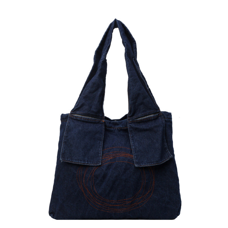 Large Capacity Handbag with Denim Retro Style and Vertical Square Design - shoulder bag large capacity handbag denim