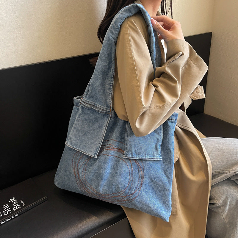 Large Capacity Handbag with Denim Retro Style and Vertical Square Design - shoulder bag large capacity handbag denim