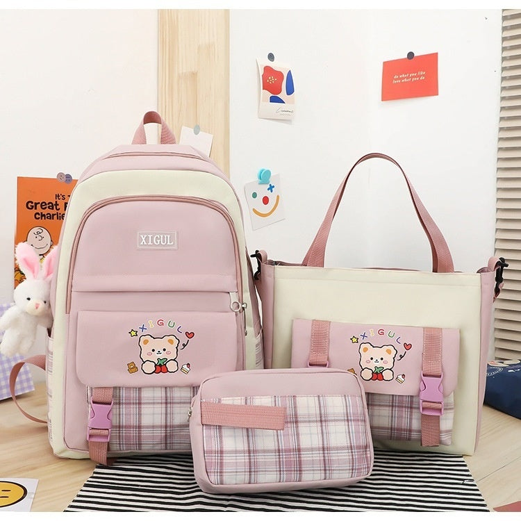 Large Capacity High School Plaid Three-piece Set Junior High School Student Elementary School Studebt Backpack - School