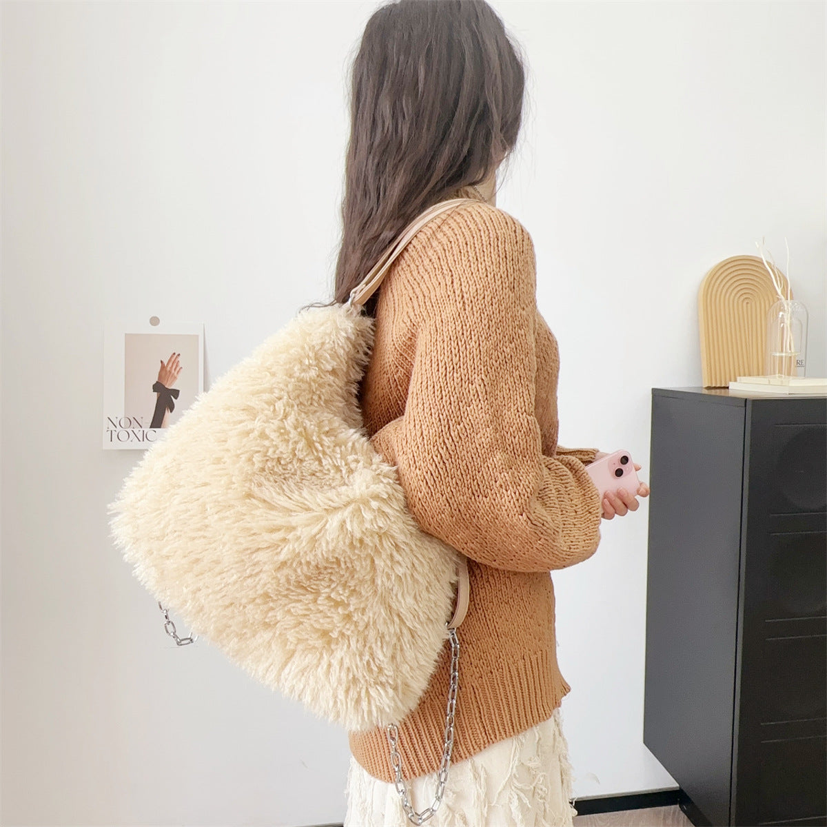 Large Capacity Plush Suitcase Shoulder Bag with Sequins and Macarons Design - Teleplus bag shoulder large capacity