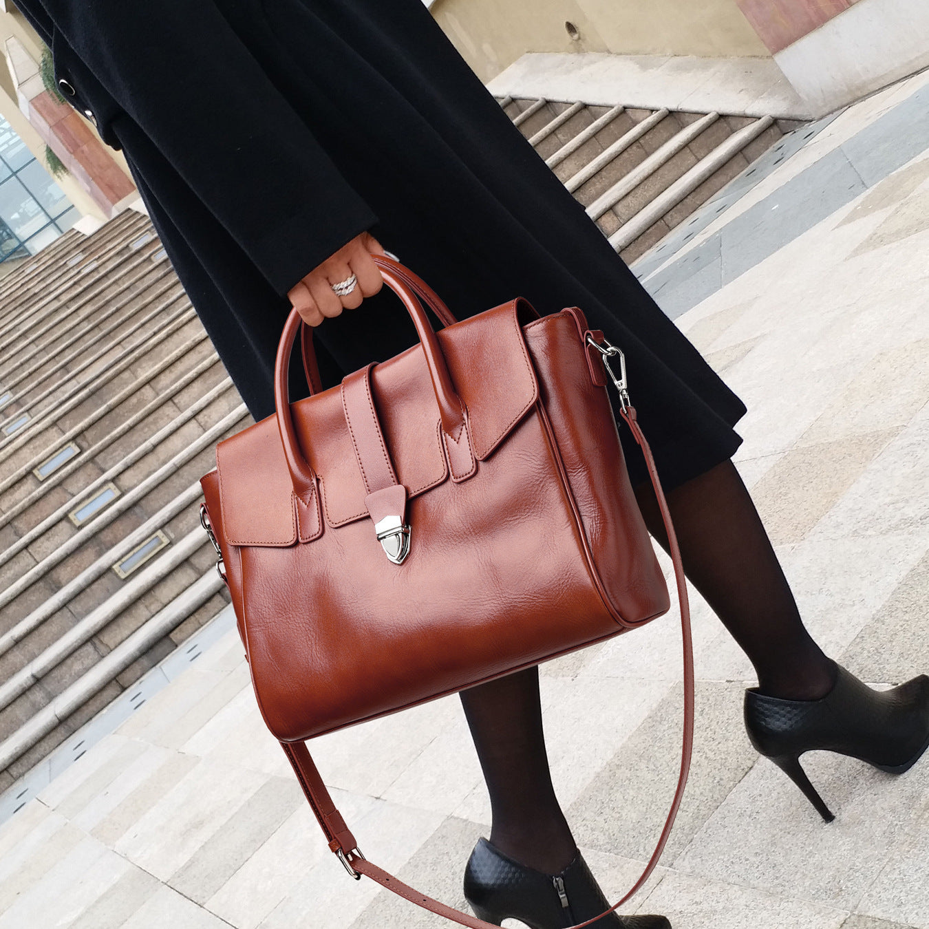Large Capacity Portable Shoulder Bag with Genuine Leather and Multiple Compartments - large capacity portable shoulder