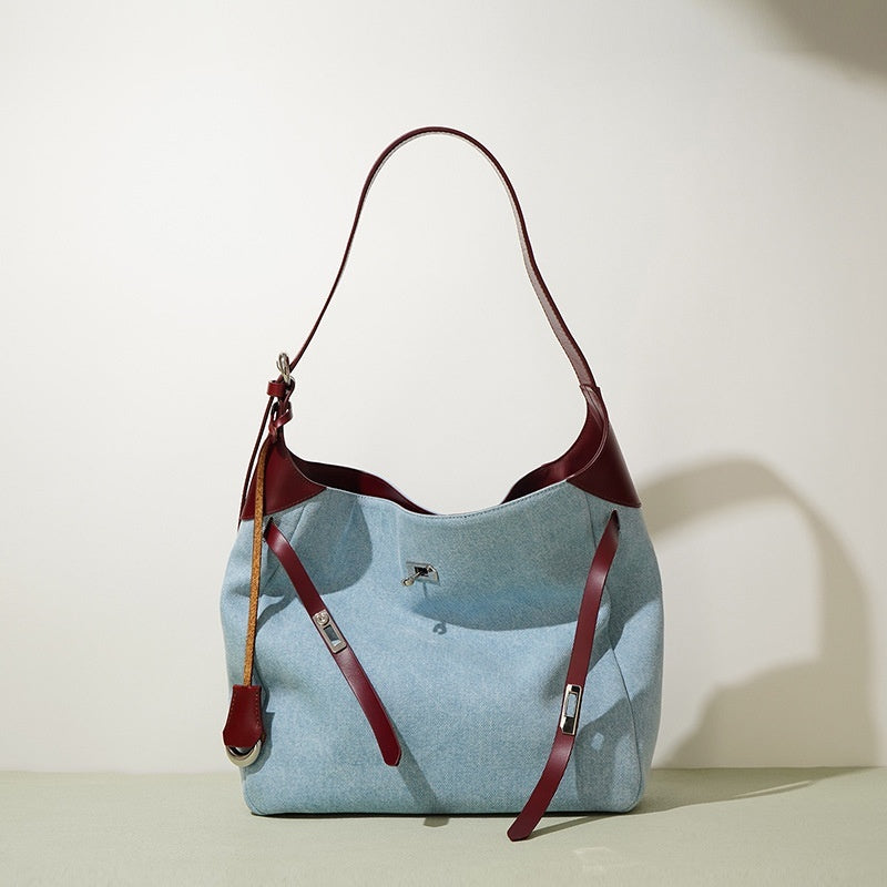 Large Capacity Shoulder Bag with Denim Fashion Layer Cowhide Detailing - Teleplus large capacity shoulder layer cowhide