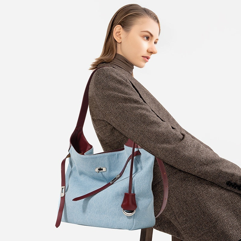 Large Capacity Shoulder Bag with Denim Fashion Layer Cowhide Detailing - Teleplus large capacity shoulder layer cowhide