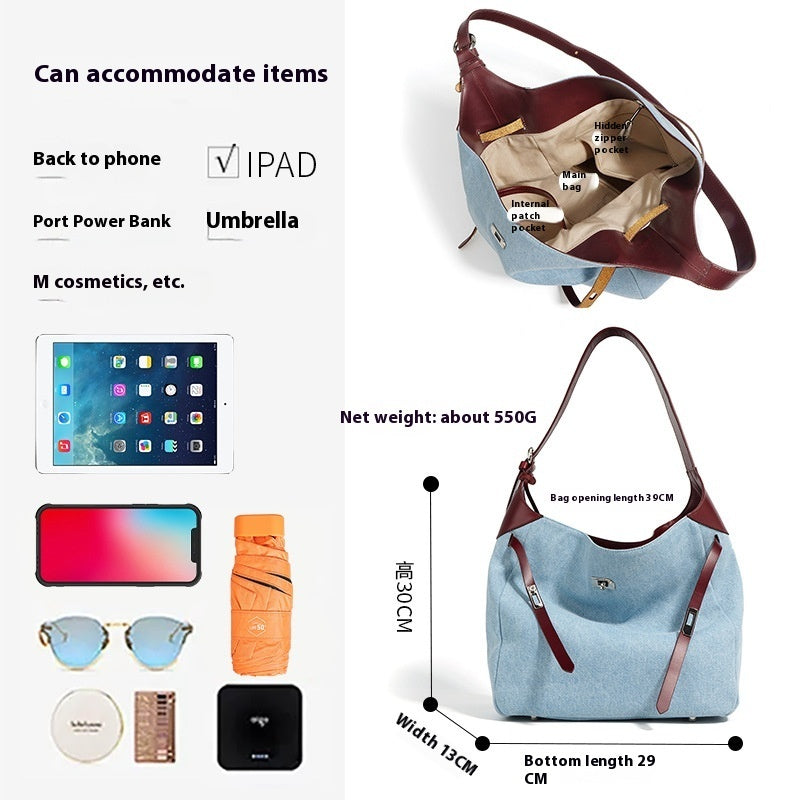 Large Capacity Shoulder Bag with Denim Fashion Layer Cowhide Detailing - Teleplus large capacity shoulder layer cowhide