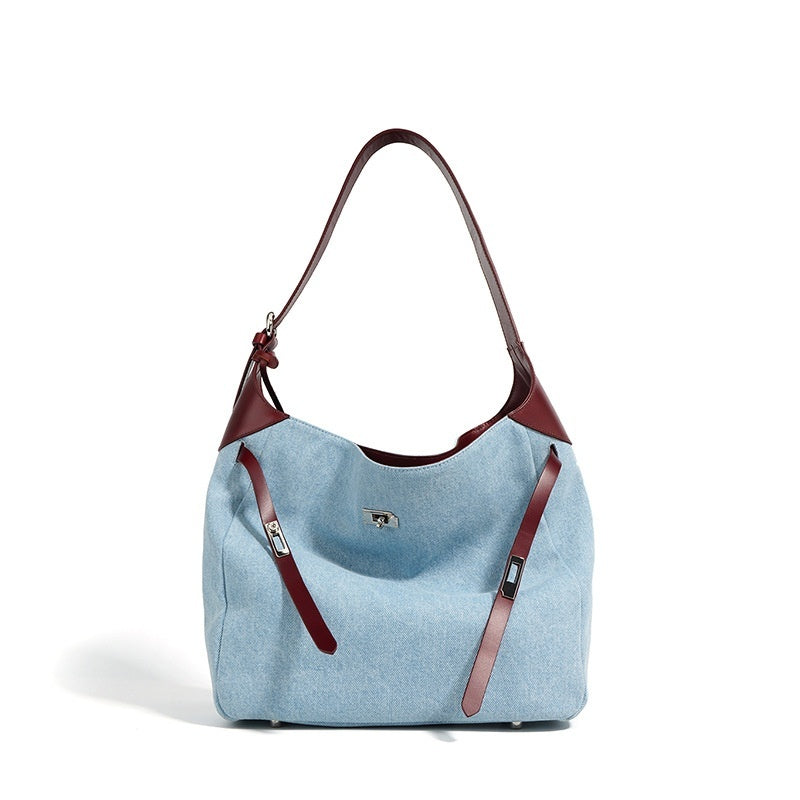 Large Capacity Shoulder Bag with Denim Fashion Layer Cowhide Detailing - Teleplus large capacity shoulder layer cowhide