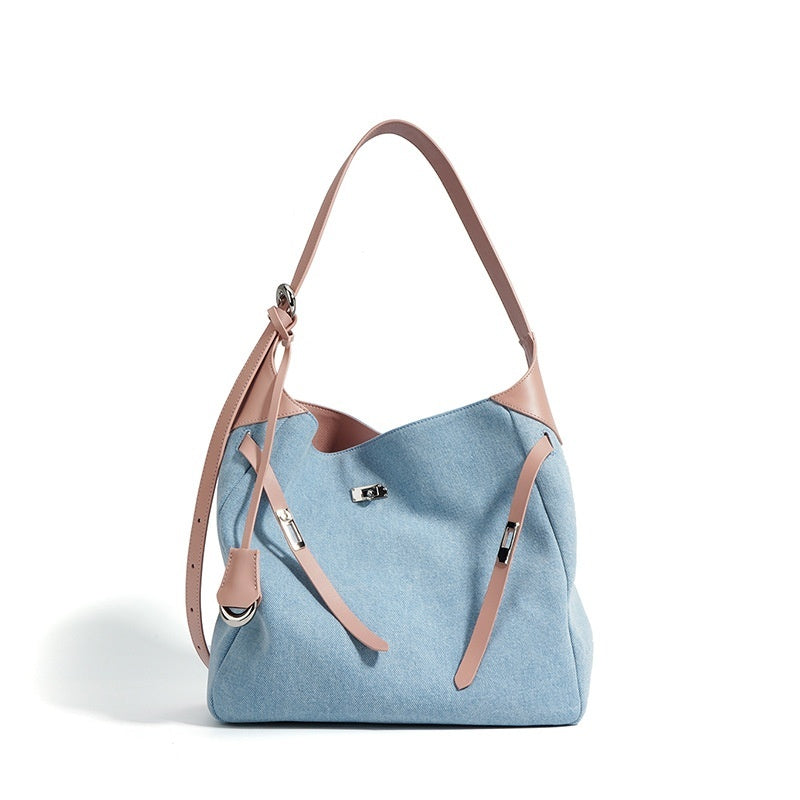 Large Capacity Shoulder Bag with Denim Fashion Layer Cowhide Detailing - Teleplus large capacity shoulder layer cowhide