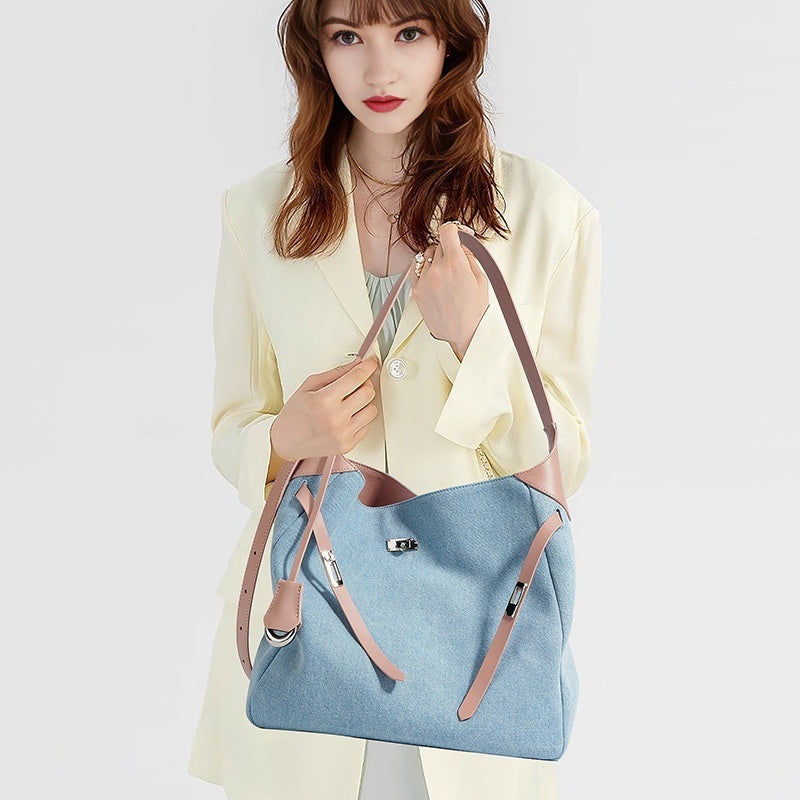 Large Capacity Shoulder Bag with Denim Fashion Layer Cowhide Detailing - Teleplus large capacity shoulder layer cowhide