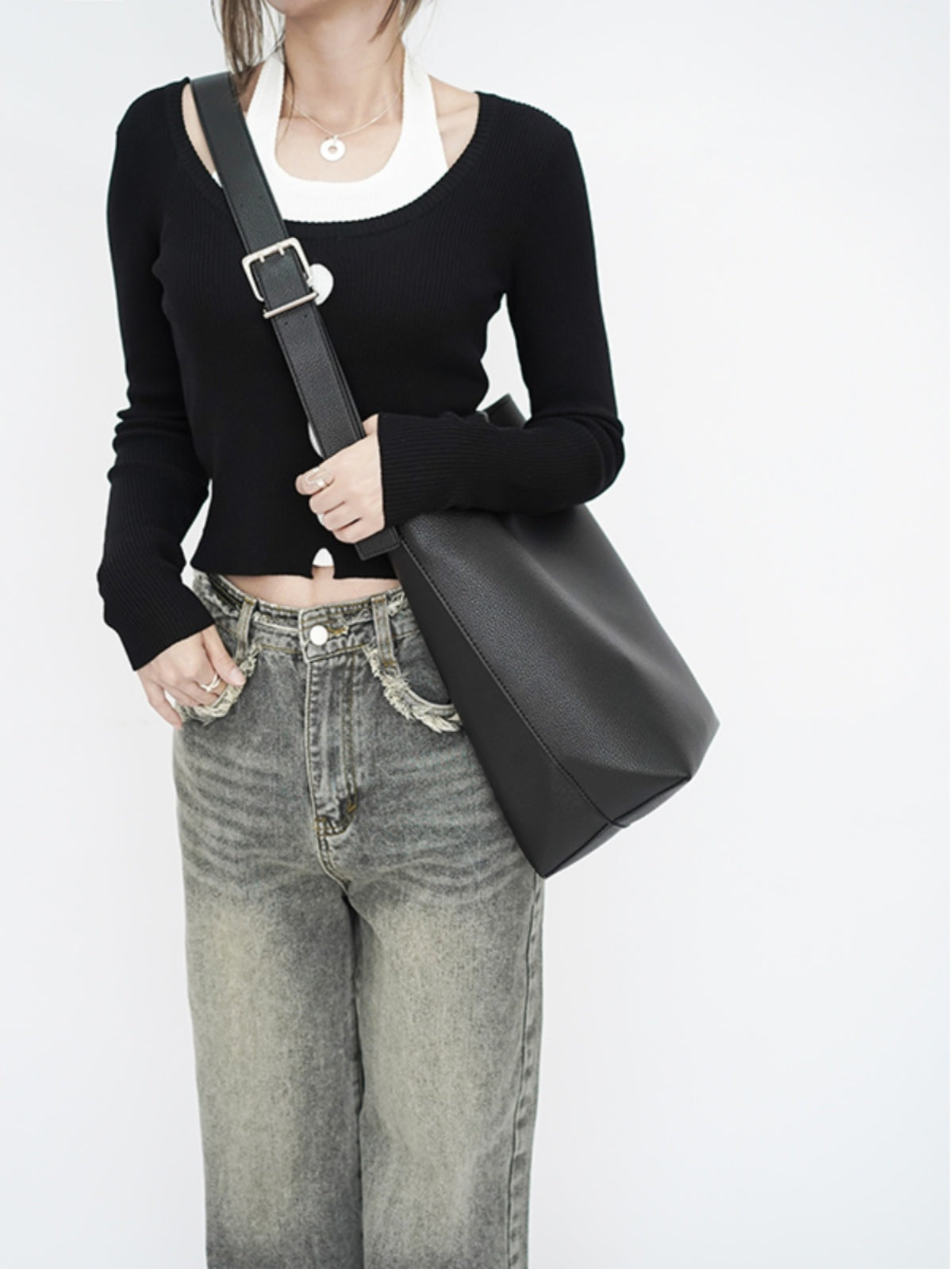 Large Capacity Solid Color Lychee Pattern Bucket Bag for Commute and Travel - Teleplus large capacity solid color
