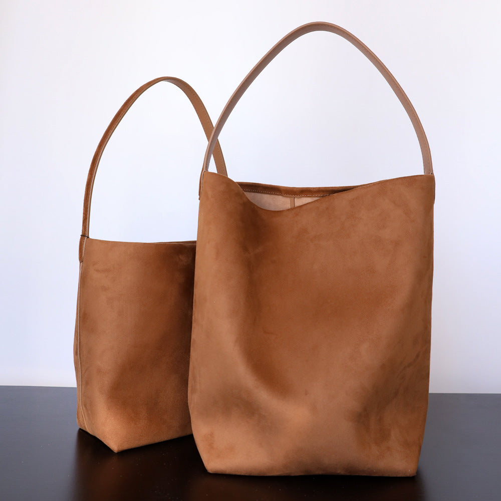 Large Capacity Suede Cowhide Bucket Bag in Genuine Leather for Daily - Teleplus idle style large capacity suede cowhide