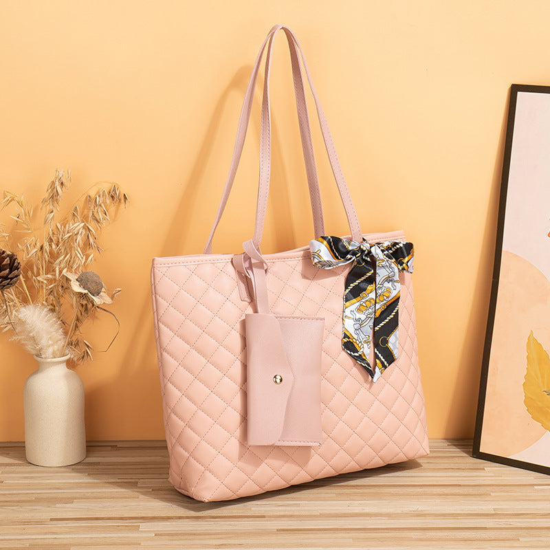 Large Capacity Synthetic Leather Tote Bag with Diamond Plaid Design - Teleplus tote bag large diamond plaid portable