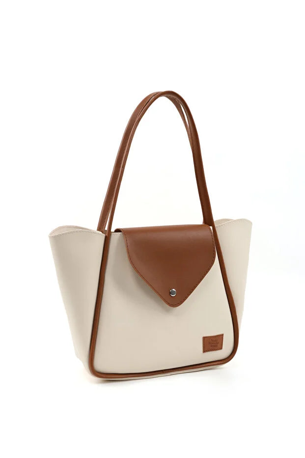 Large Faux Leather Snap Closure Tote Bag Single Compartment Hand Arm and Shoulder Bag