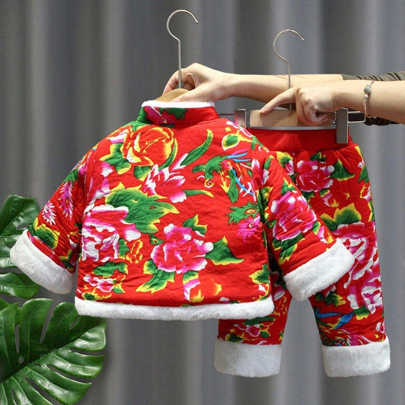 Large Floral Jacket Winter Thickened Girls Padded Cotton Clothes Cotton Pants - Warm and Floral Winter Jacket