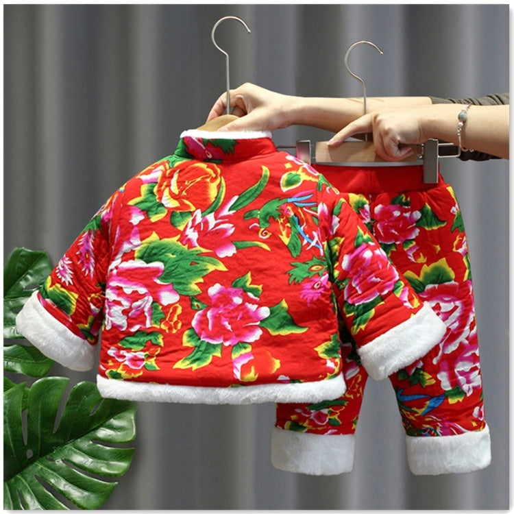 Large Floral Jacket Winter Thickened Girls Padded Cotton Clothes Cotton Pants - Warm and Floral Winter Jacket