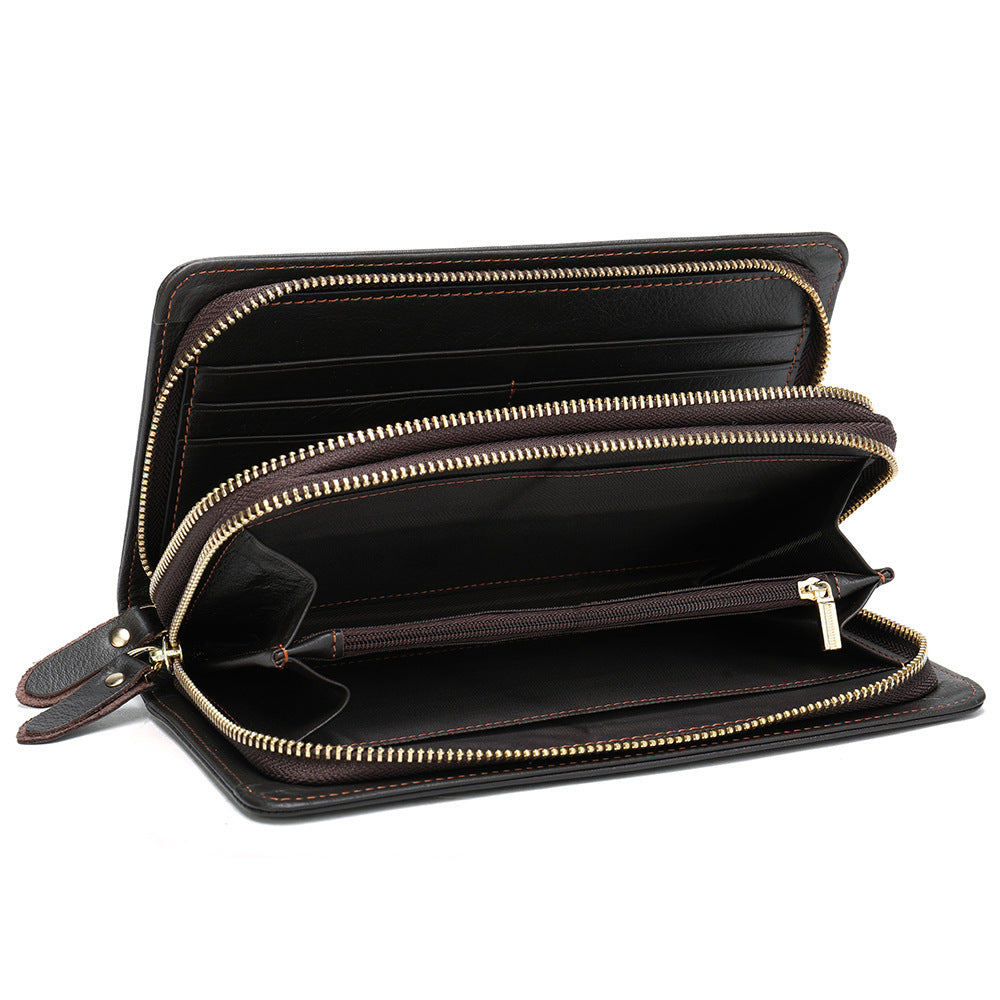 Layer Cowhide Clutch with Cotton Lining for Daily Use in Black or Coffee - First Double Zipper Fun layer cowhide clutch