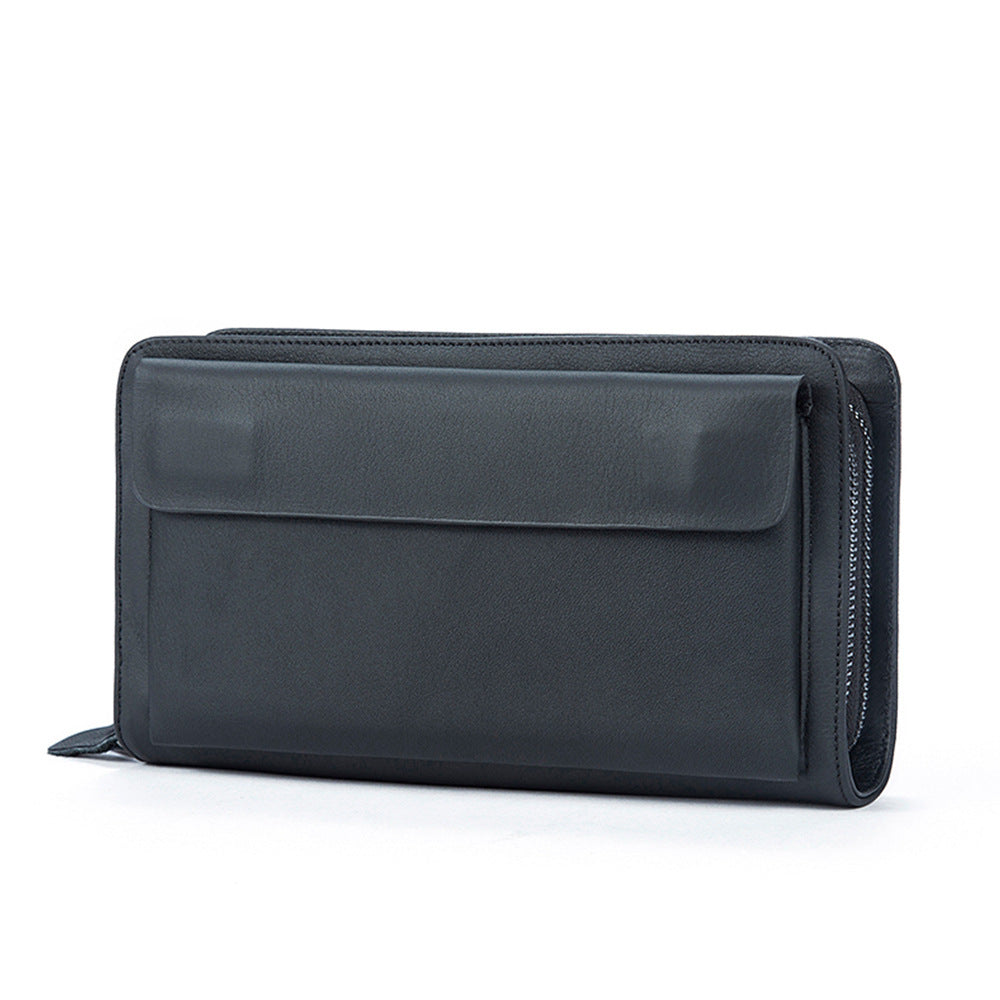 Layer Cowhide Clutch with Cotton Lining for Daily Use in Black or Coffee - First Double Zipper Fun layer cowhide clutch