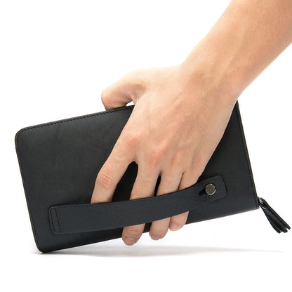 Layer Cowhide Clutch with Cotton Lining for Daily Use in Black or Coffee - First Double Zipper Fun layer cowhide clutch