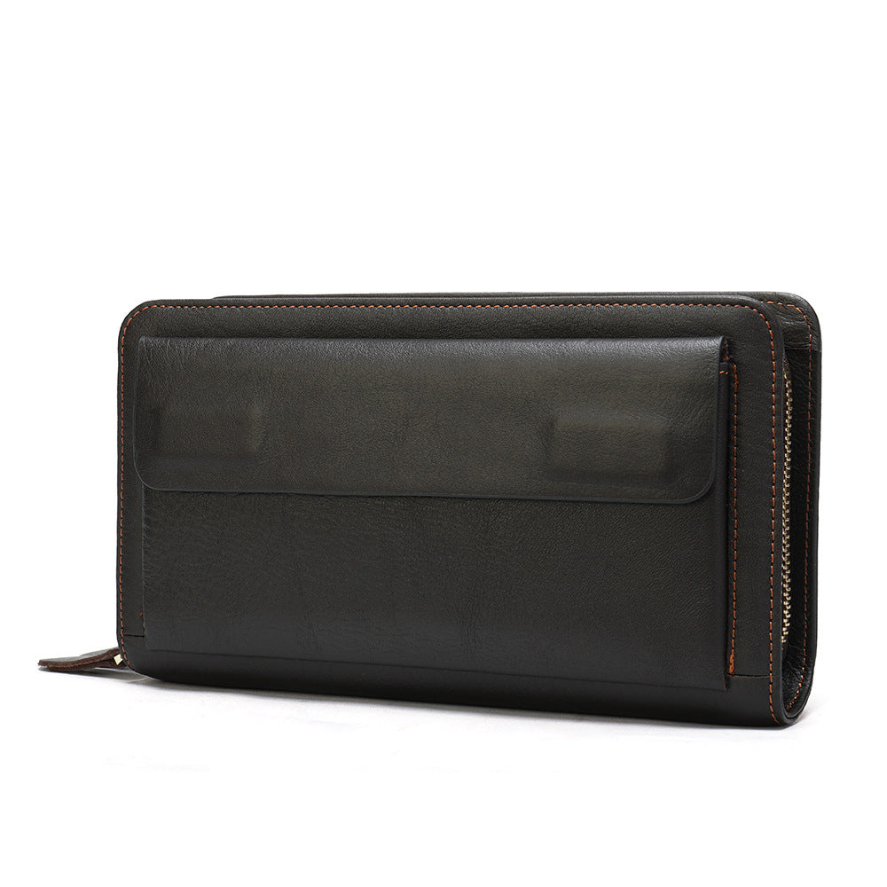 Layer Cowhide Clutch with Cotton Lining for Daily Use in Black or Coffee - First Double Zipper Fun layer cowhide clutch