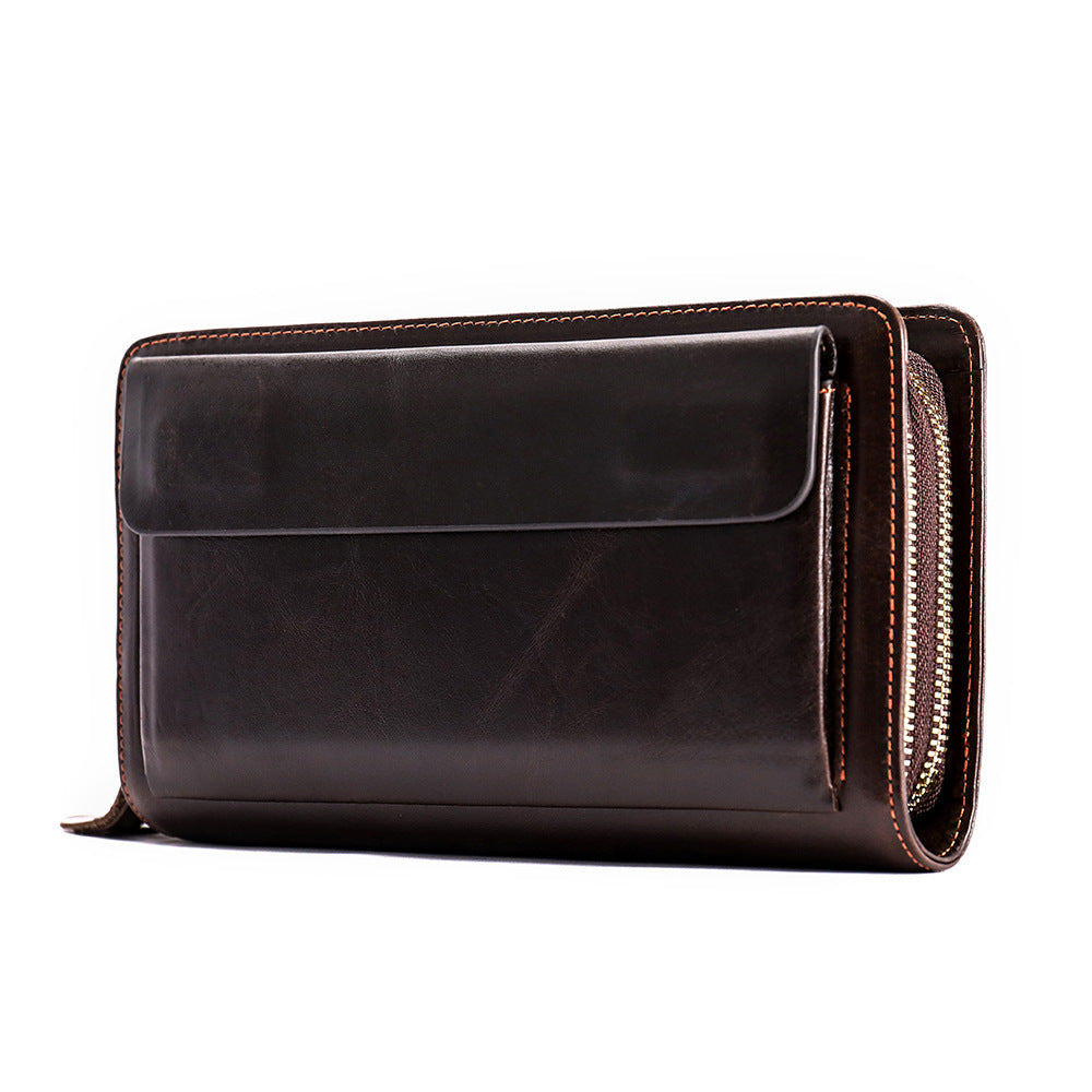 Layer Cowhide Clutch with Cotton Lining for Daily Use in Black or Coffee - First Double Zipper Fun layer cowhide clutch