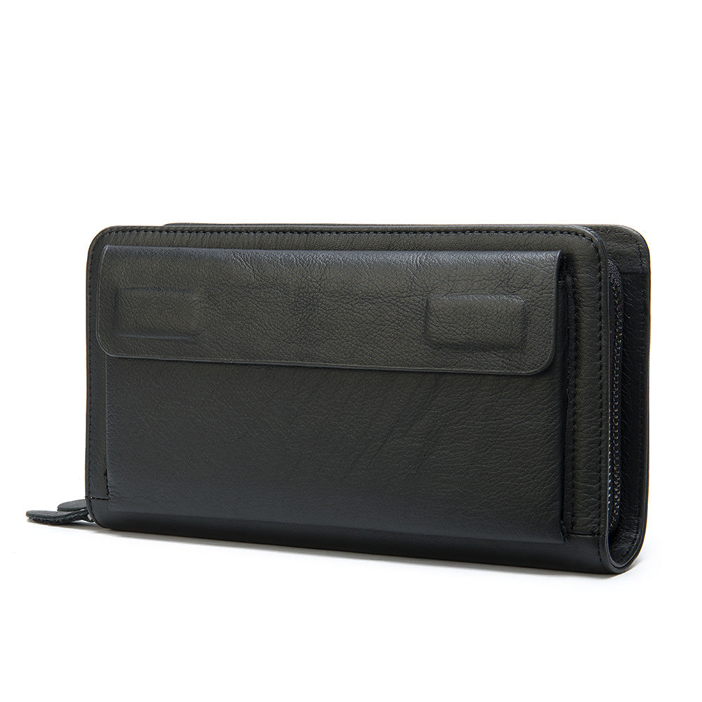 Layer Cowhide Clutch with Cotton Lining for Daily Use in Black or Coffee - First Double Zipper Fun layer cowhide clutch