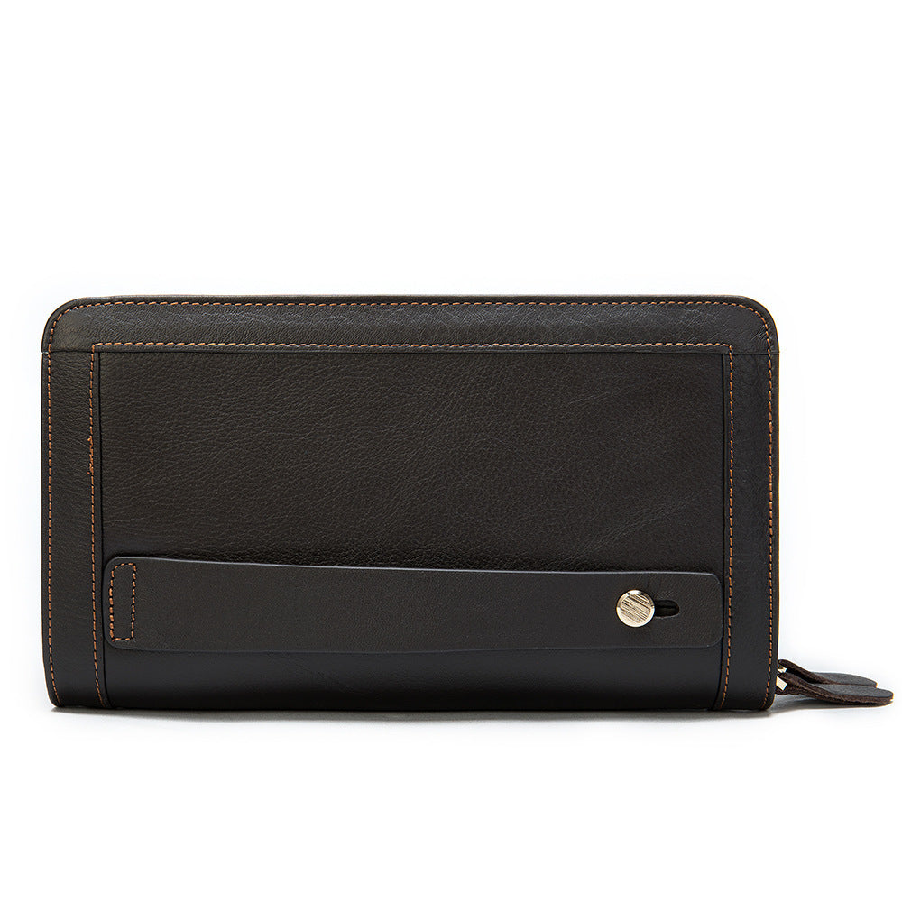 Layer Cowhide Clutch with Cotton Lining for Daily Use in Black or Coffee - First Double Zipper Fun layer cowhide clutch