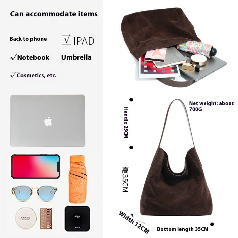 Layer Cowhide Matte Suede Commuter Shoulder Bag with Leather Outer Pocket - Teleplus layer cowhide matte suede commuter
