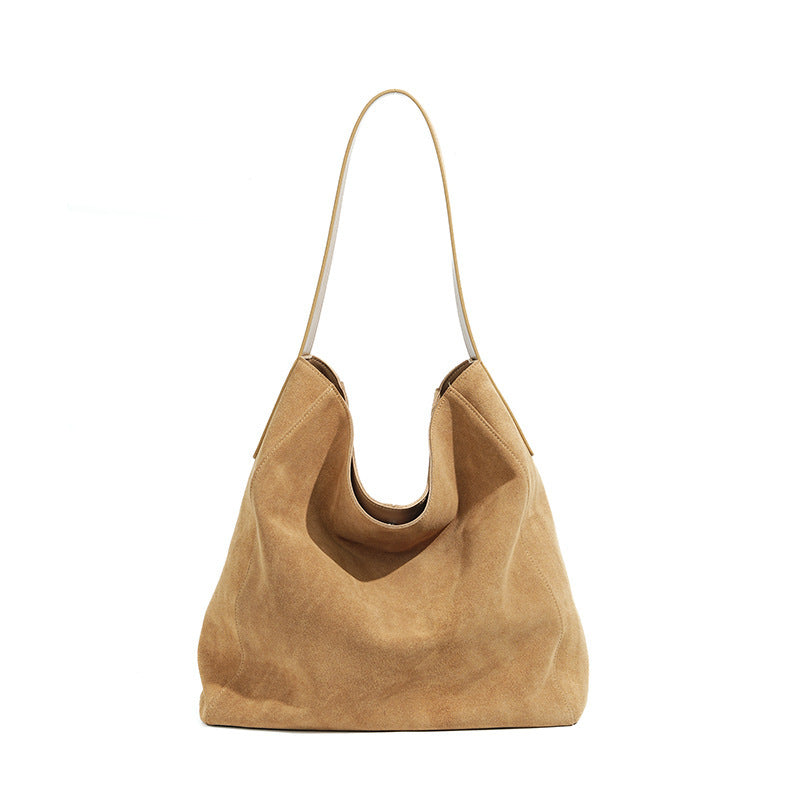 Layer Cowhide Matte Suede Commuter Shoulder Bag with Leather Outer Pocket - Teleplus layer cowhide matte suede commuter