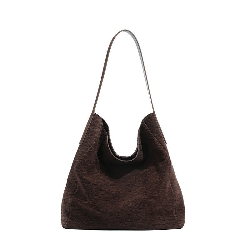 Layer Cowhide Matte Suede Commuter Shoulder Bag with Leather Outer Pocket - Teleplus layer cowhide matte suede commuter