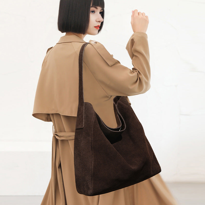 Layer Cowhide Matte Suede Commuter Shoulder Bag with Leather Outer Pocket - Teleplus layer cowhide matte suede commuter
