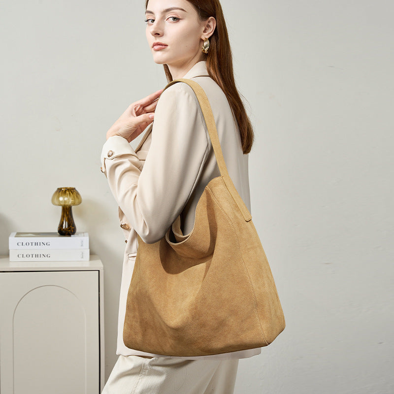 Layer Cowhide Matte Suede Commuter Shoulder Bag with Leather Outer Pocket - Teleplus layer cowhide matte suede commuter